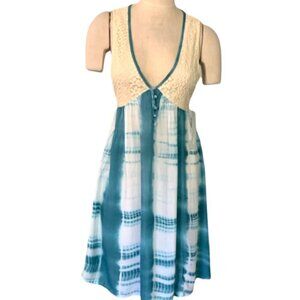 And Or Vogue Mixed Media Tie Dye Plaid/Lace Sleeveless V-Neck Dress L Teal 19607